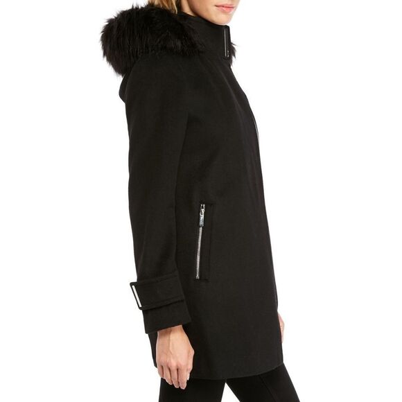 New! CALVIN KLEIN Wool-Blend Hooded Faux Fur Black Coat Jacket XL Zip-Front - Picture 11 of 12